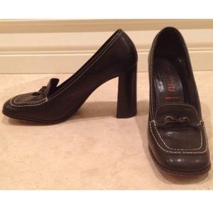 MIU MIU by Prada Black Leather Wood Stacked High Heel Loafer Shoe EU-38 Italy!!!